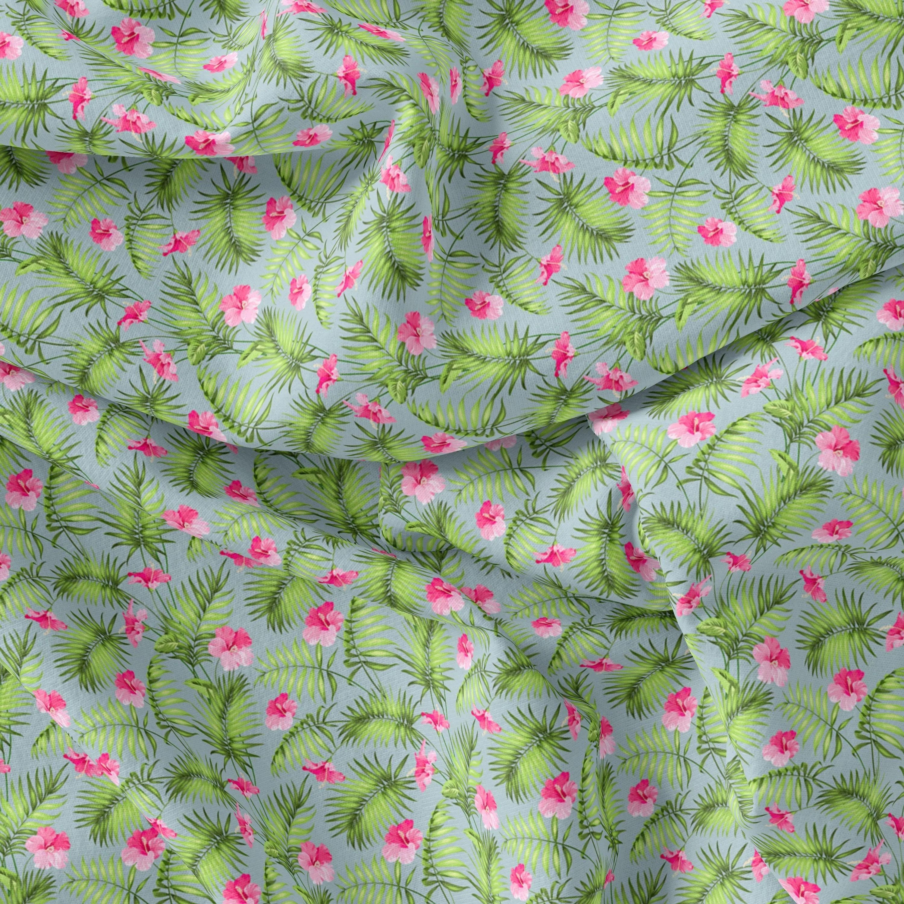 Tropical Leaves Pink Hibiscus Flower Digital Printed Fabric - Upada Silk