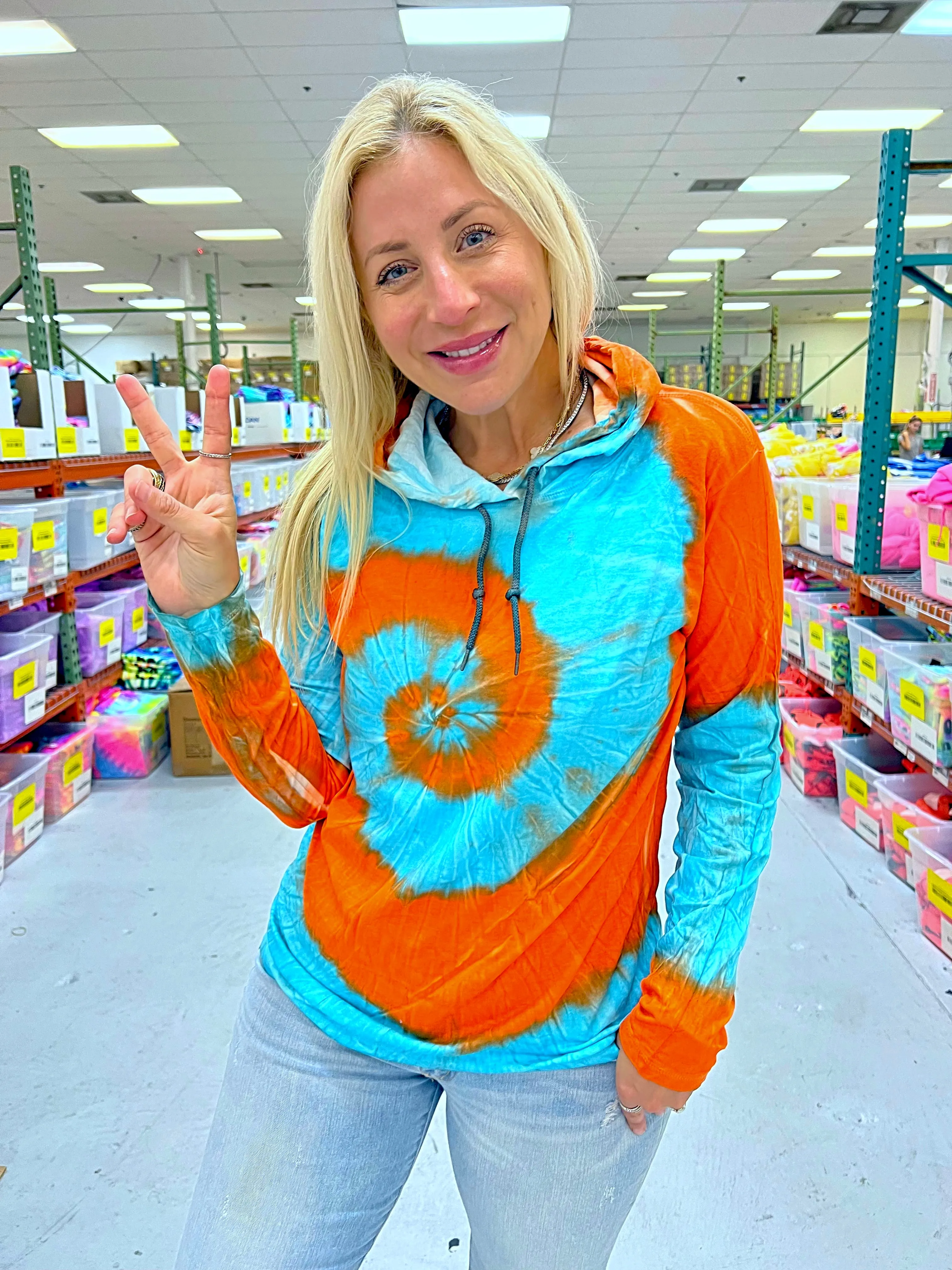 Turquoise Mango Tie-Dye Long Sleeve Hoodie Tee - Blank