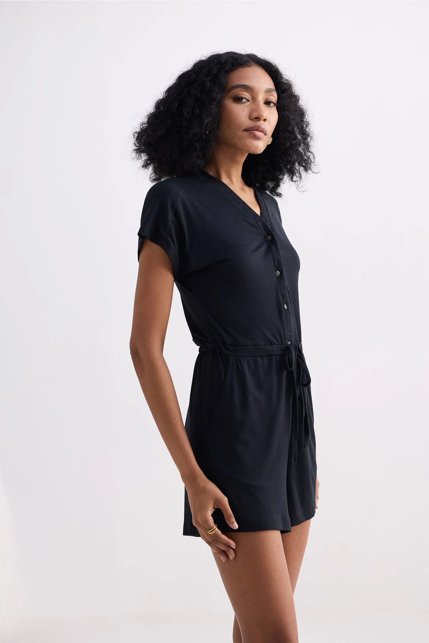 V neck Drawstring Knit Romper in Black