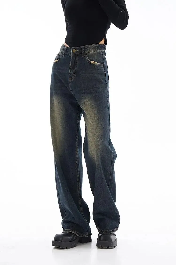 Vintage Washed Raw Hem Straight Leg Jeans