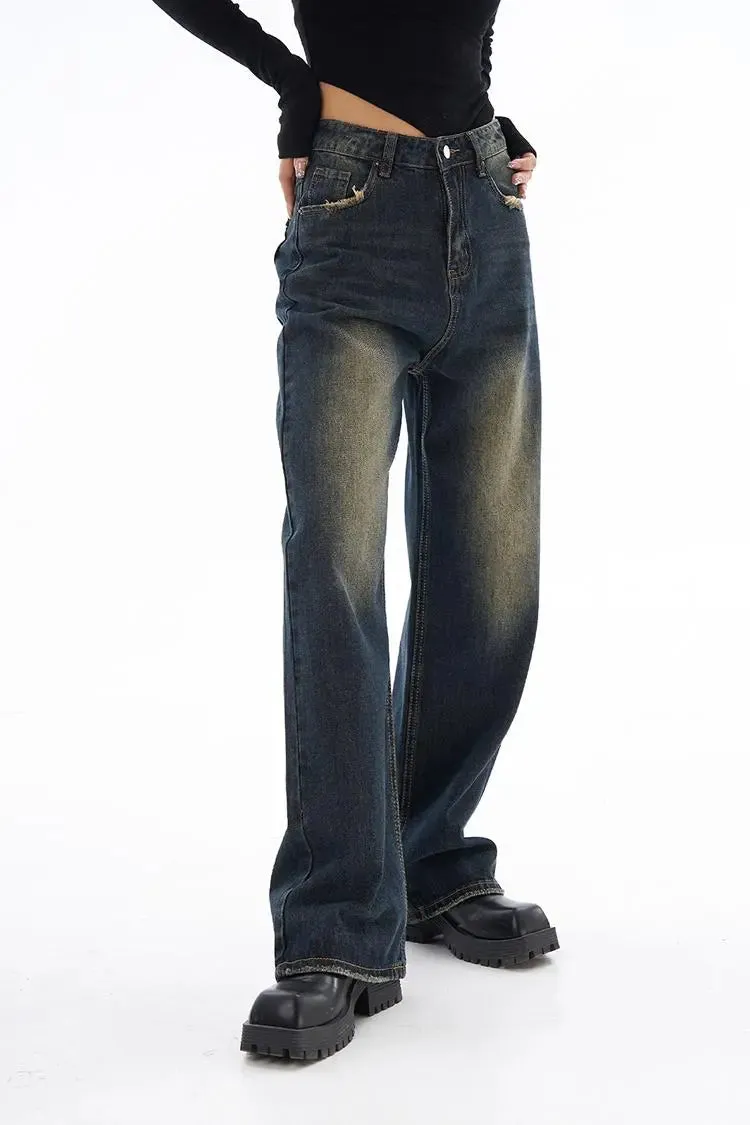 Vintage Washed Raw Hem Straight Leg Jeans