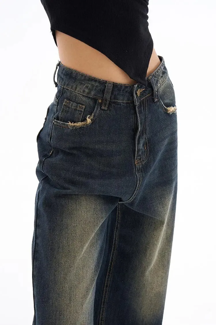 Vintage Washed Raw Hem Straight Leg Jeans