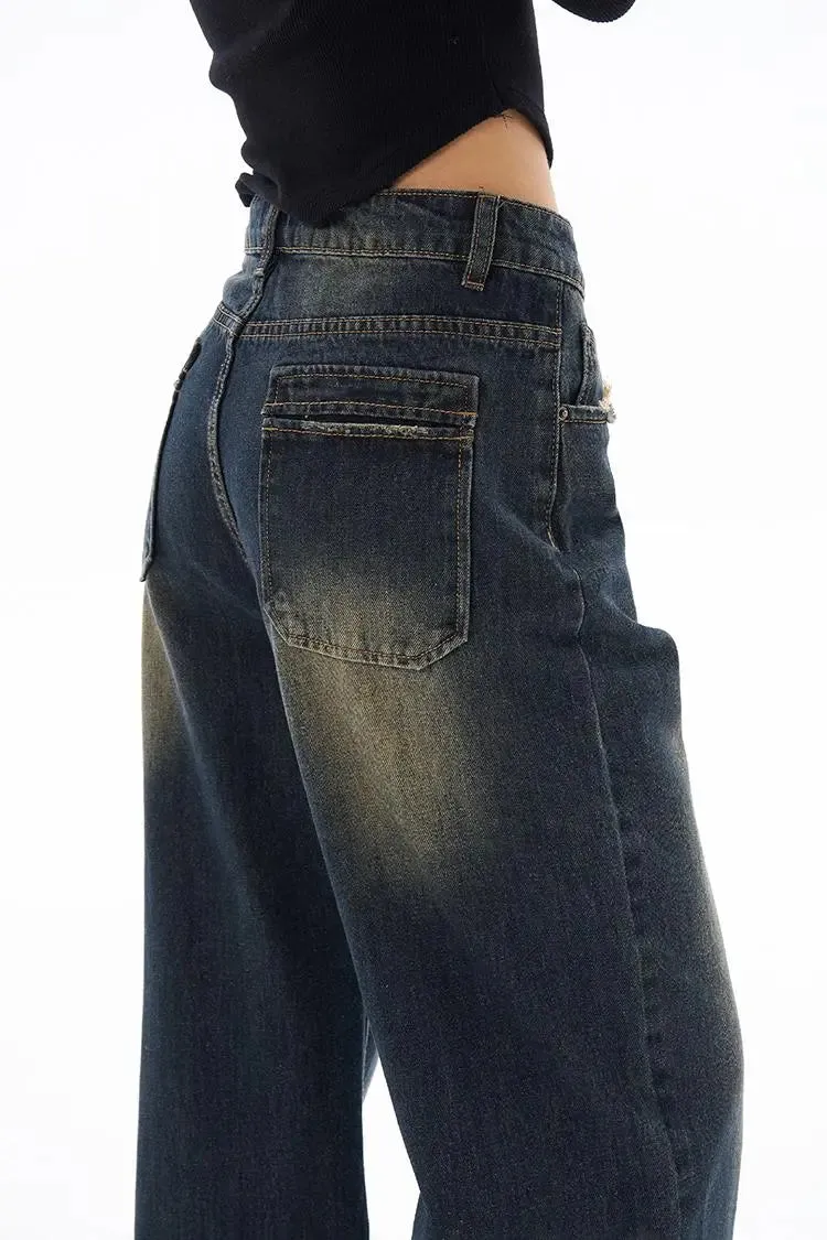 Vintage Washed Raw Hem Straight Leg Jeans