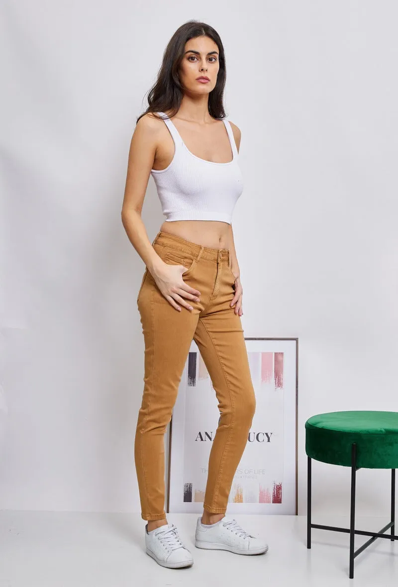 Wholesale Brown Push-Up Slim Color Trousers