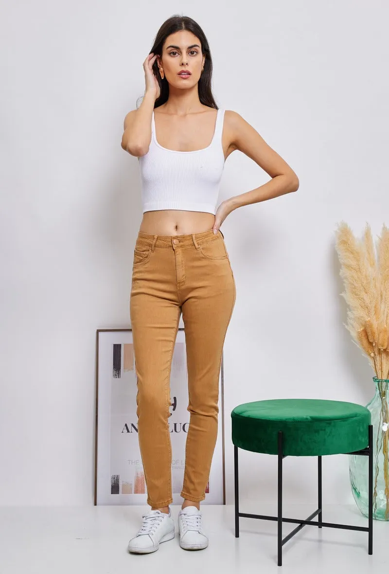 Wholesale Brown Push-Up Slim Color Trousers