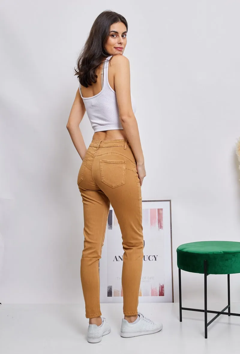 Wholesale Brown Push-Up Slim Color Trousers