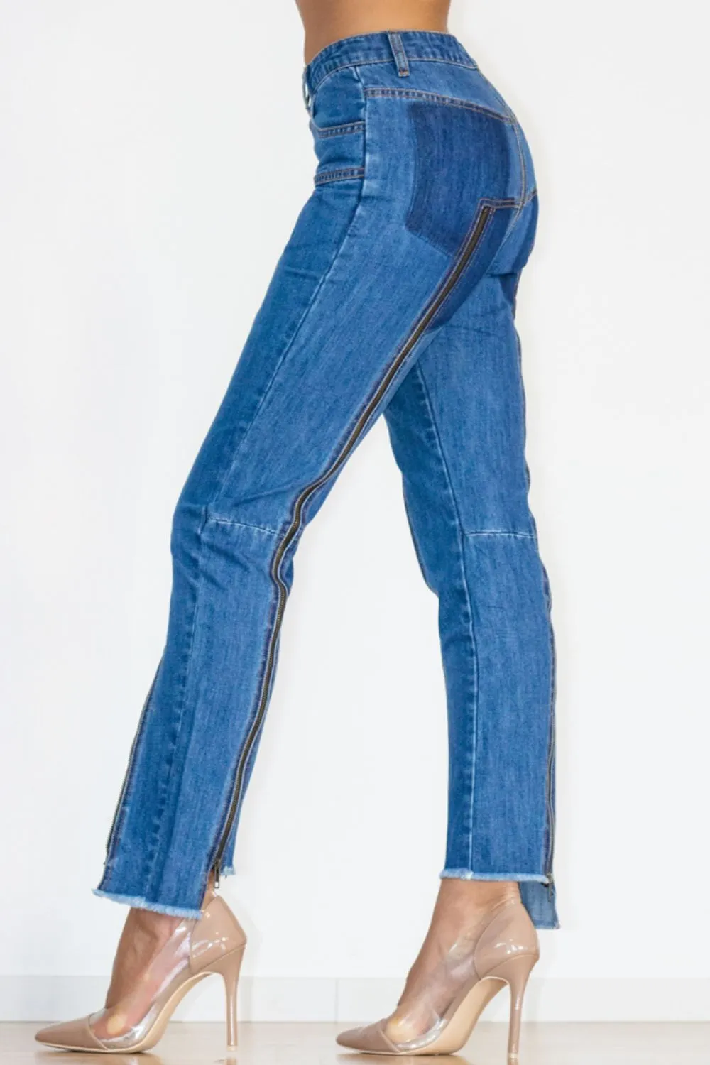 Zip Detail Slit Long Jeans